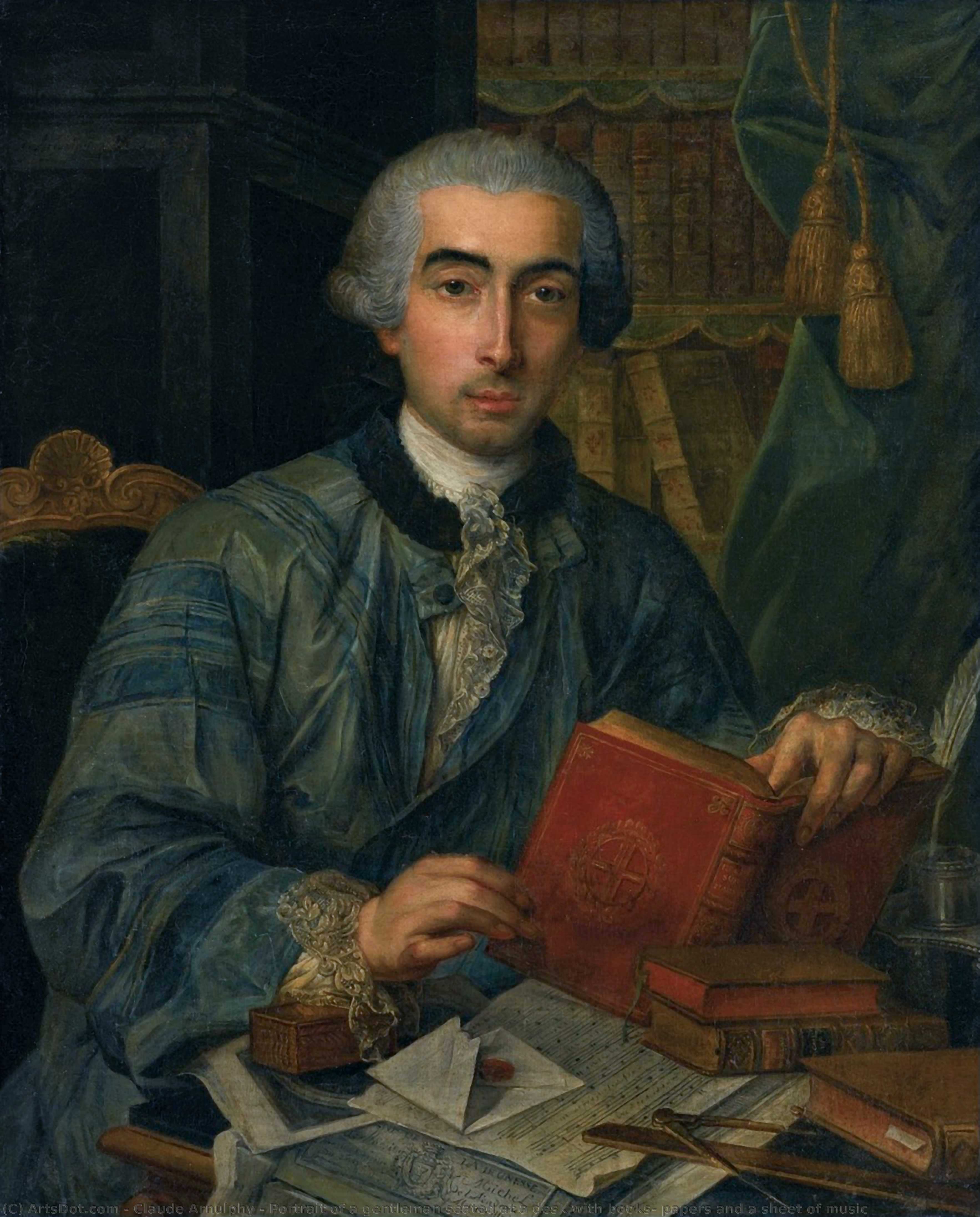 Portrait Of A Gentleman Seated At A Desk With Books, Papers And A Sheet Of Music — Claude Arnulphy