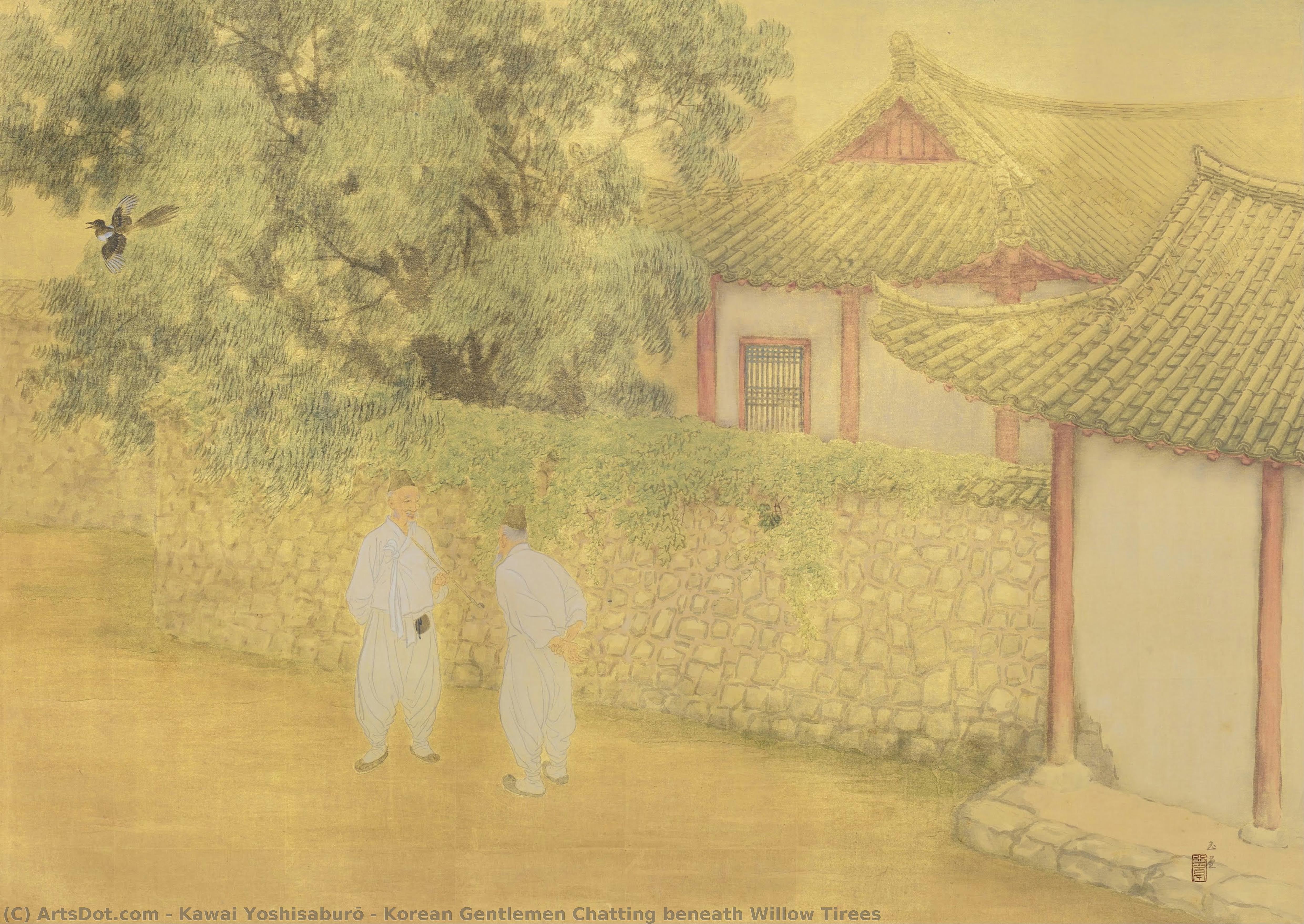 Korean Gentlemen Chatting Beneath Willow Tirees — Kawai Yoshisaburō