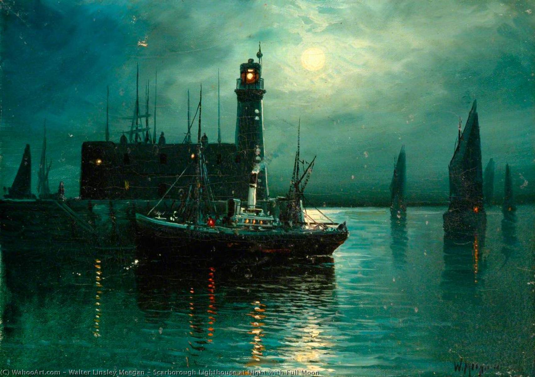 Scarborough Lighthouse At Night With Full Moon — Walter Linsley Meegan