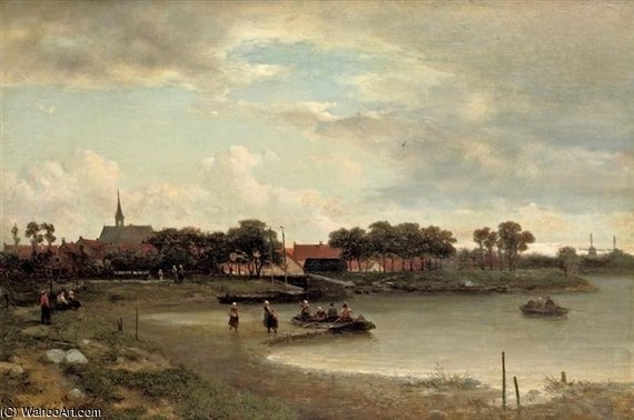 A Ferry Crossing Near A Dutch Town — Salomon Leonardus Verveer