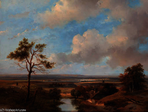 A Panoramic Dune Landscape In The Vicinity Of Haarlem With Villagers Conversing By A Barn In The Foreground — Andreas Schelfhout