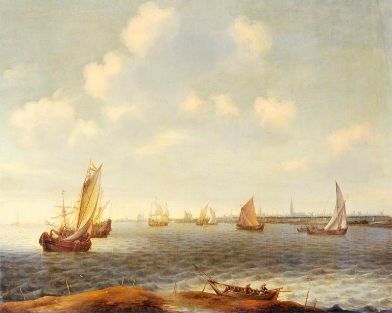Vessels In An Estuary Off Amsterdam — Cornelis Pietersz De Mooy