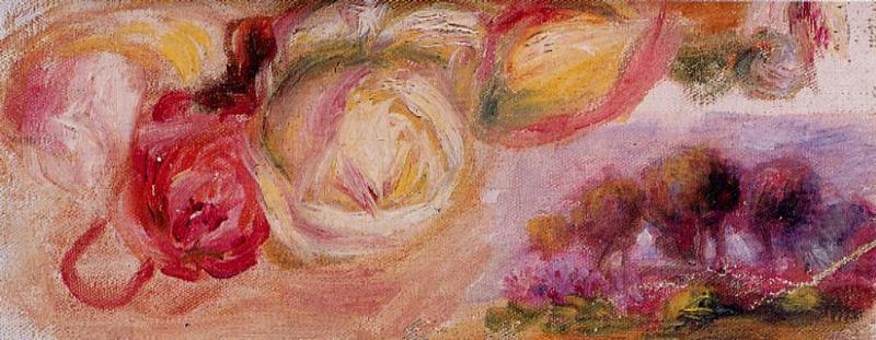 Roses With A Landscape — Pierre-auguste Renoir