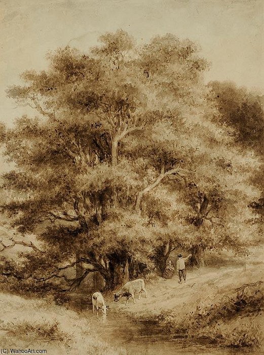 Personages En Twee Koeien In Landschap — Julius Jacobus Van De Sande Bakhuyzen