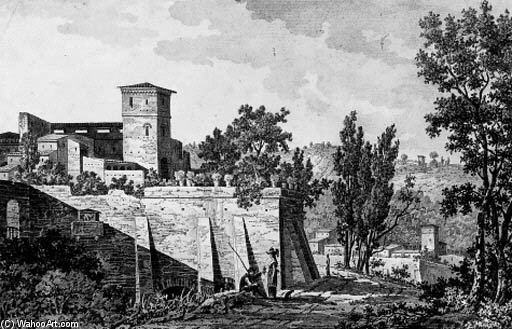 A Walled Italian Town With Figures On A Road And Hills Beyond — Victor Jean Nicolle