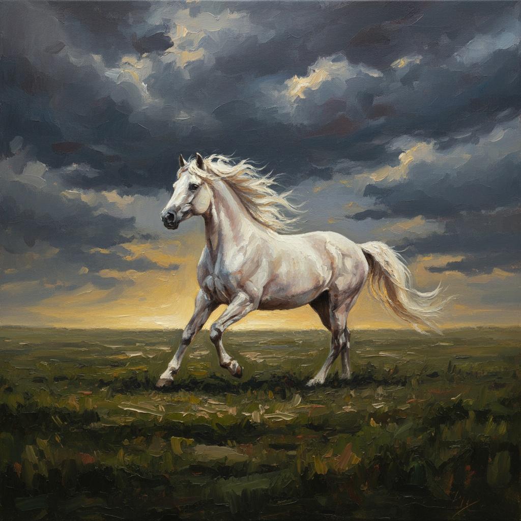 Ephemeral Gallop Under A Turbulent Sky Of Charcoal And Golden Light — Christian Noiret
