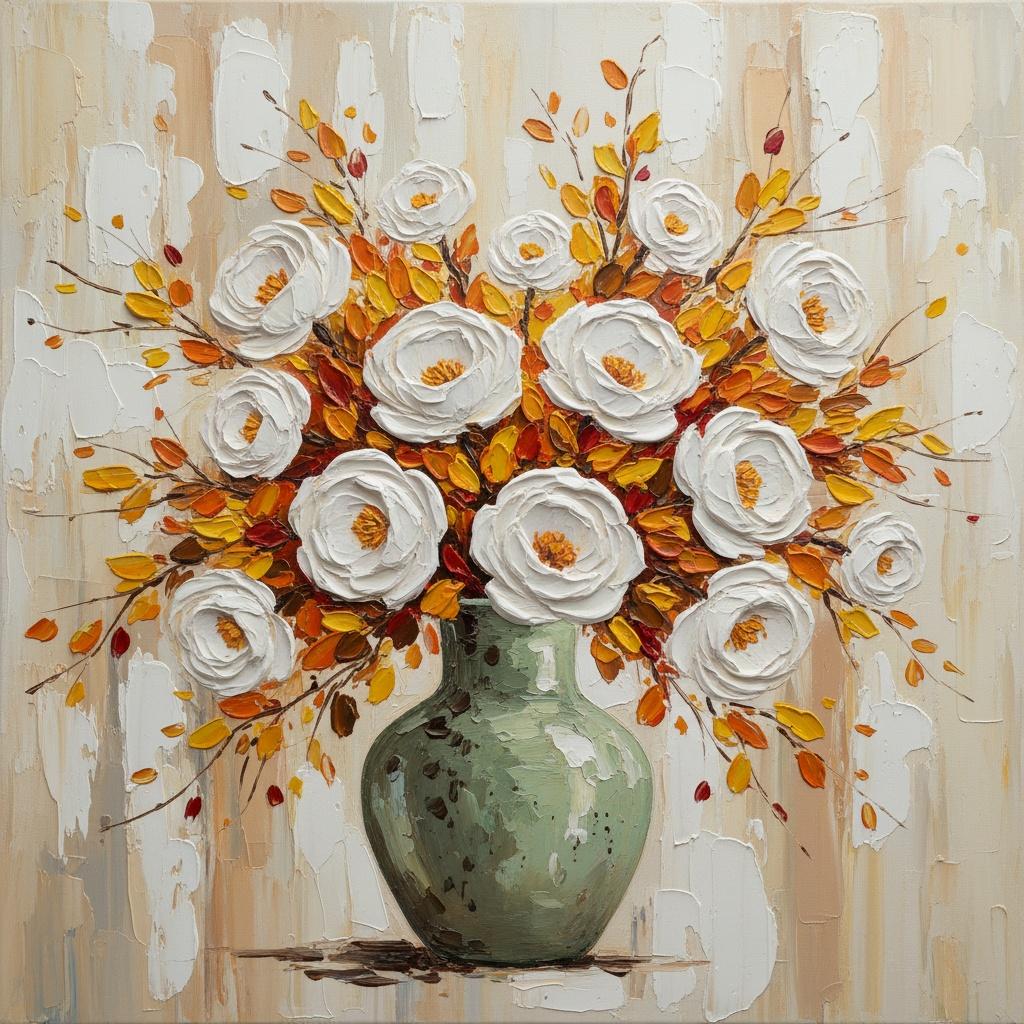 Ethereal Radiance In Impasto: A Monumental Study Of Sculptural White Blossoms And Ochre Grace — David Moreau