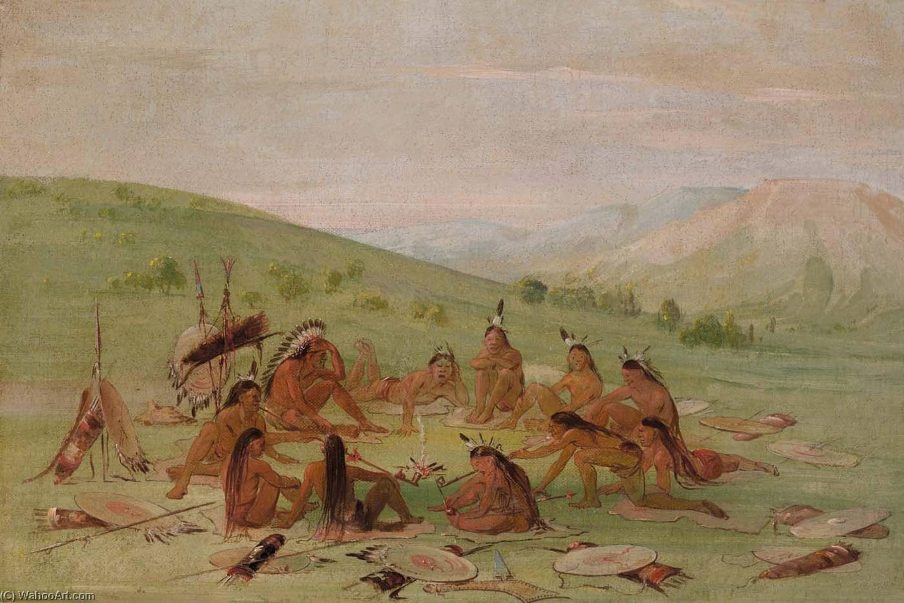 Foot War Party In Council, Mandan — George Catlin
