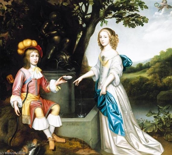 Hulst Portrait Of A Young Man Offering A Drink To A Young Lady Standing By A Fountain — Pieter Harmansz Verelst