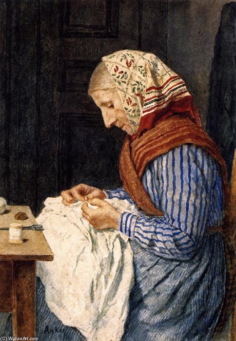 A Farmer's Wife, Sewing — Albert Samuel Anker