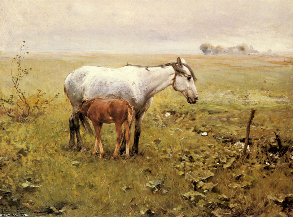 A Mare And Her Foal In A Landscape — Alfred Wierusz-kowalski