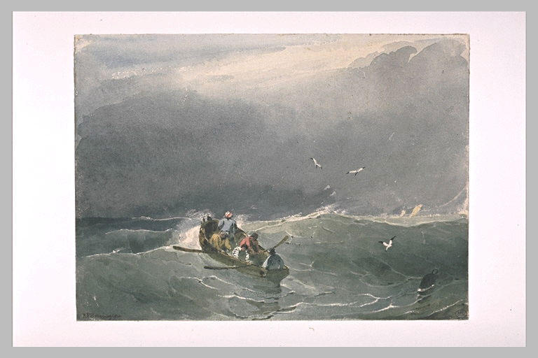 Ship With Five Sailors On The Sea — Richard Parkes Bonington