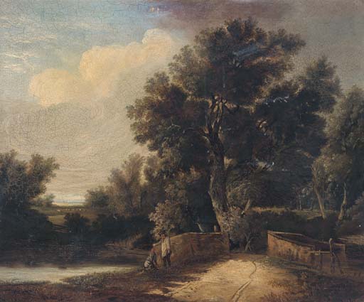 Figures By A Bridge In A Wooded Landscape — John Berney Ladbrooke