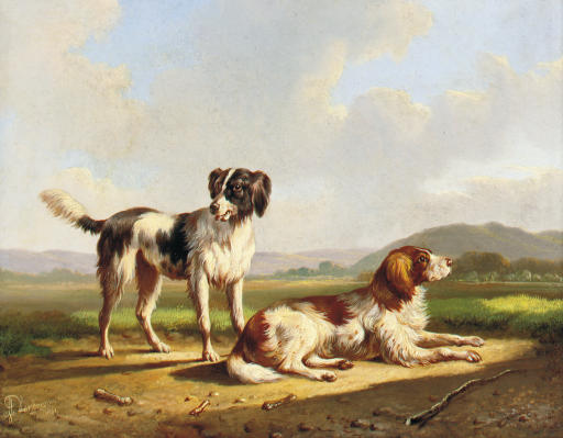 Two Hunting Dogs In A Summer Landscape — Albertus Verhoesen
