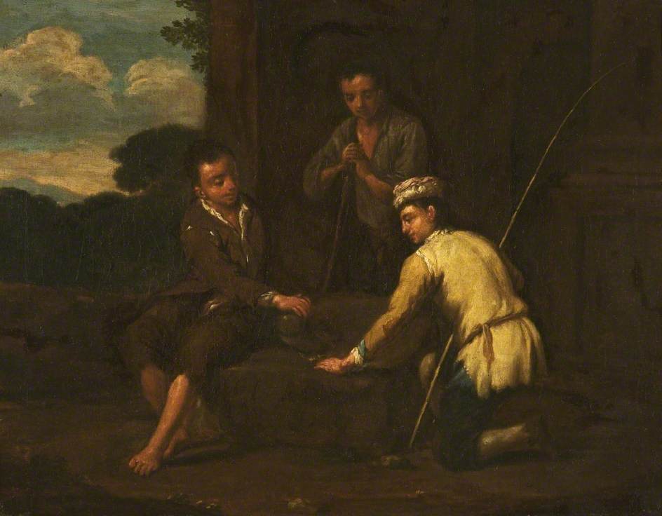 Two Youths Gambling Outdoors, Watched By A Third — Antonio Mercurio Amorosi
