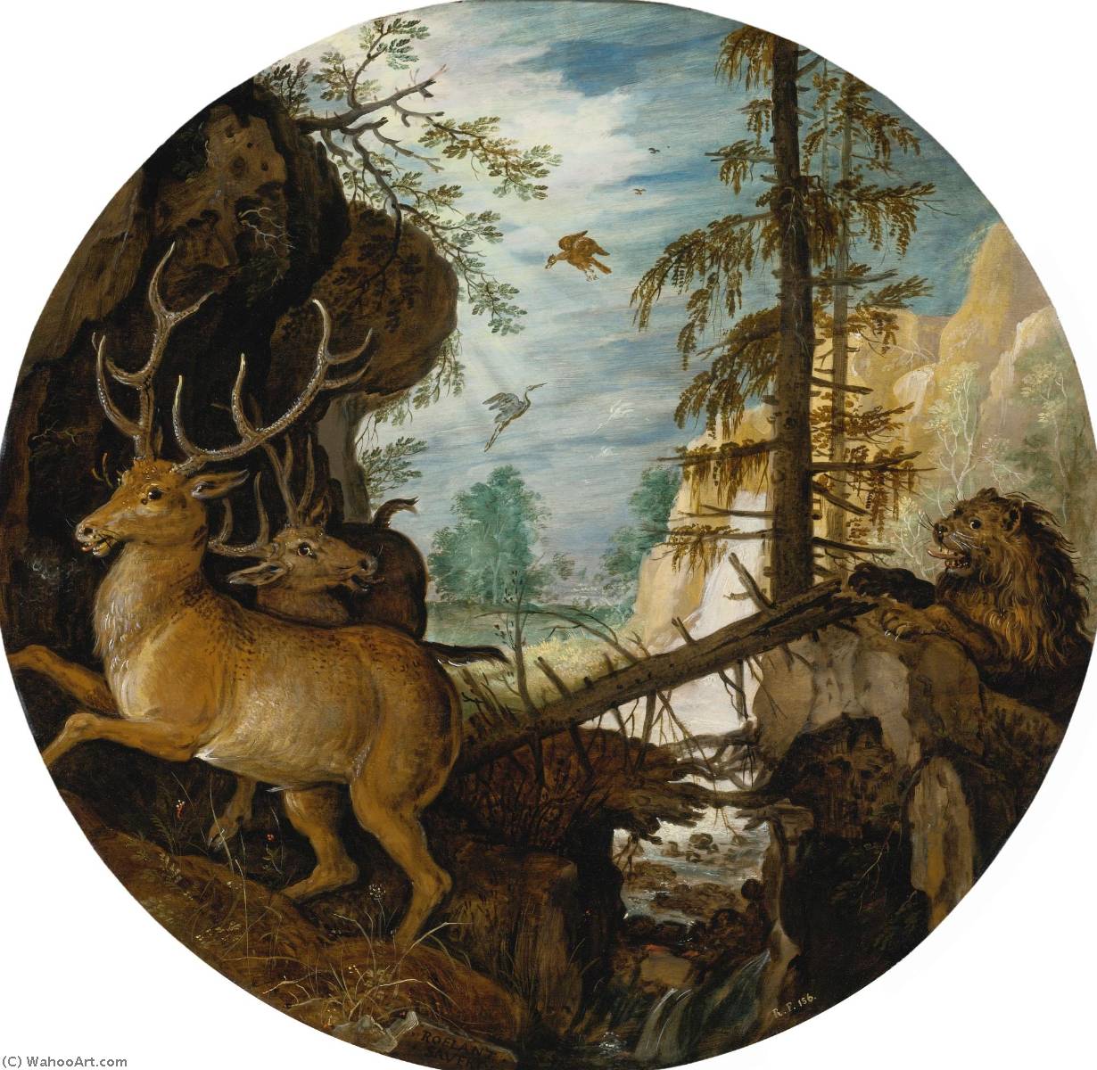 A Lion Hunting Two Deer — Roelant Savery