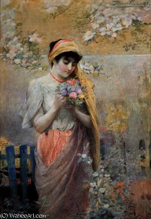 Study Of A Girl With A Bouquet Of Flowers In A Garden — Robert Fowler