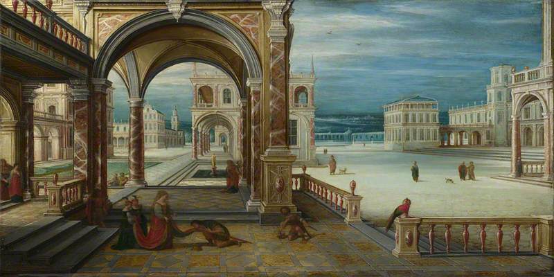 A Man Kneels Before A Woman In The Courtyard Of A Renaissance Palace — Hendrick Van Steenwijck The Younger