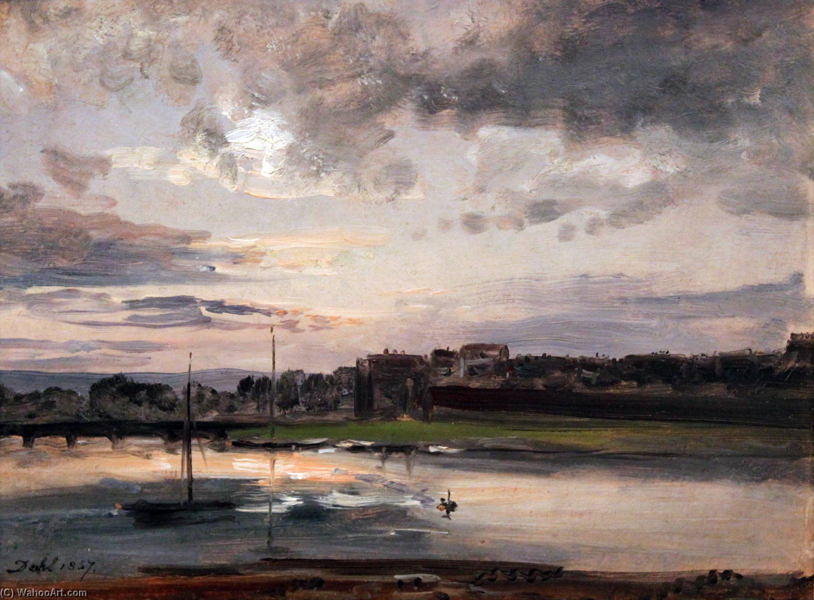 Elbe Und Neustädter Ufer In Dresden Im Abendlicht — Johan Christian Clausen Dahl
