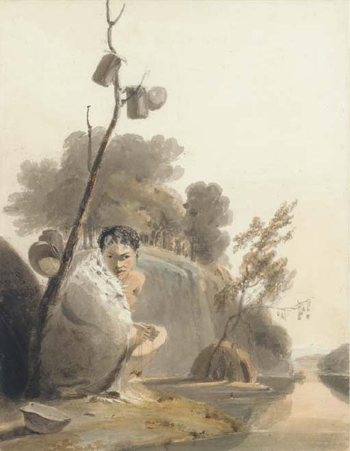 An African Korah Chieftain's Daughter, Wearing An Animal Skin, Crouching By A River — Samuel Daniell