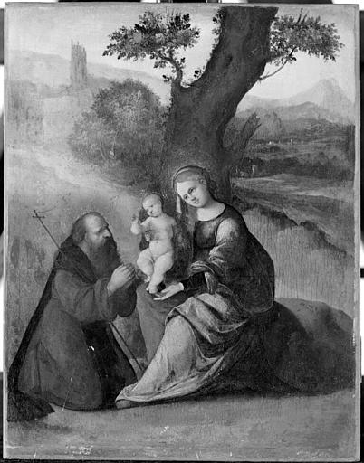 La Vierge, L'enfant Jesus Et Saint Antoine Abbe Dans Un Paysage — Lodovico Mazzolino