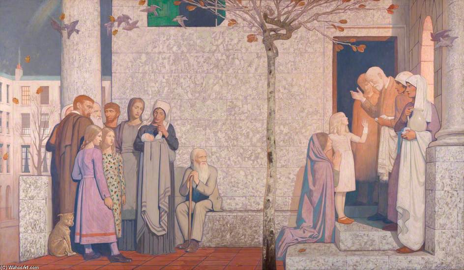 Men, Women And Girls Standing In A Group Outside A Hospital — Frederick Cayley Robinson