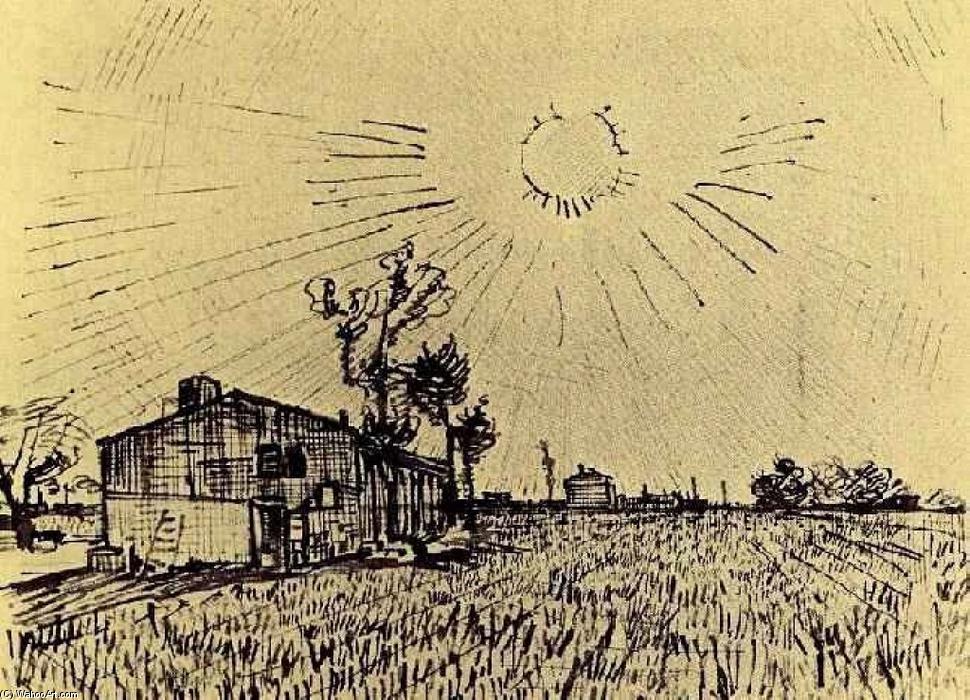 Feldbild Mit Häusern Unter Einem Himmel Mit Sonnenscheibe — Vincent Willem Van Gogh