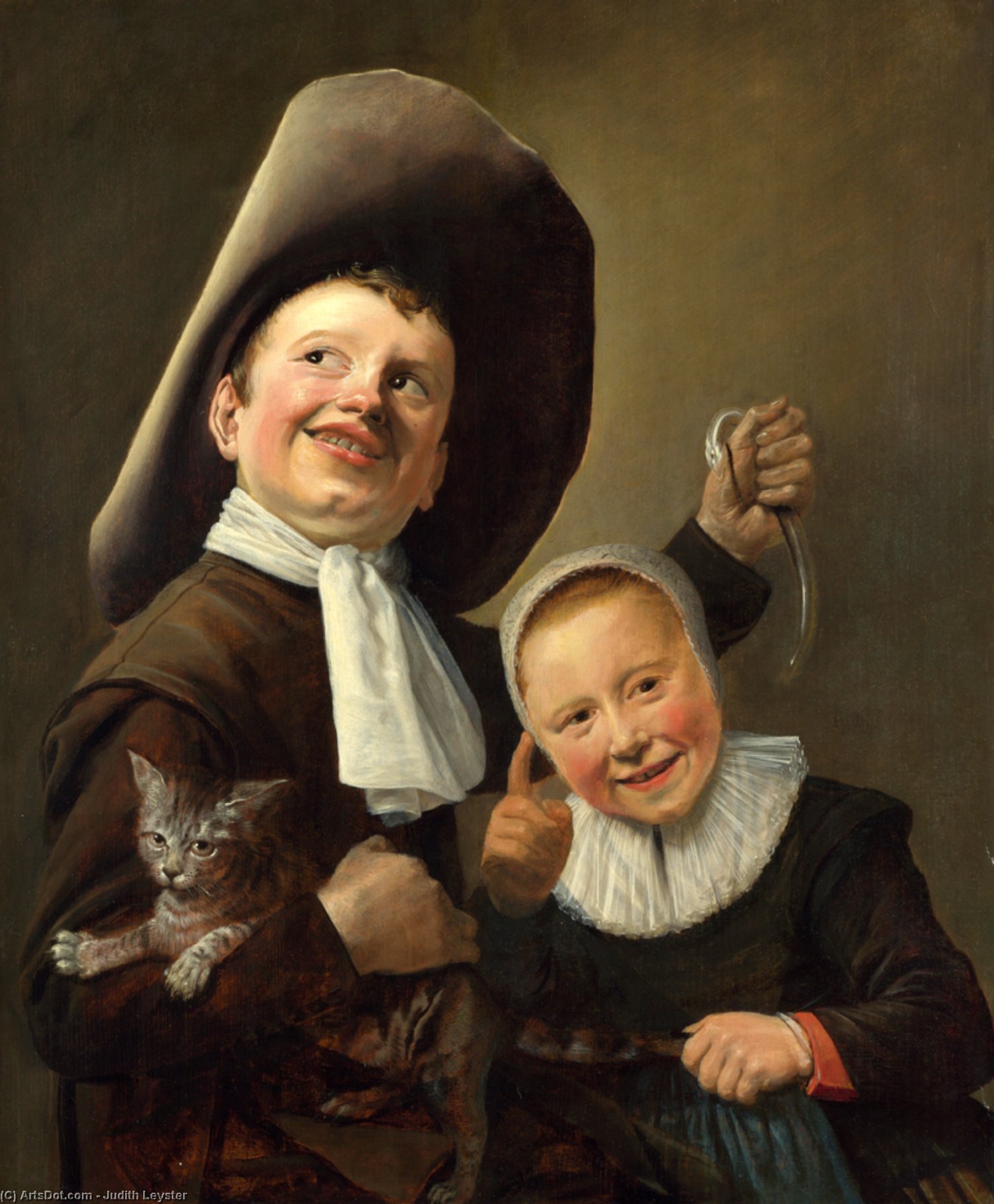 A Boy And A Girl With A Cat And An Eel — Judith Jans Leyster