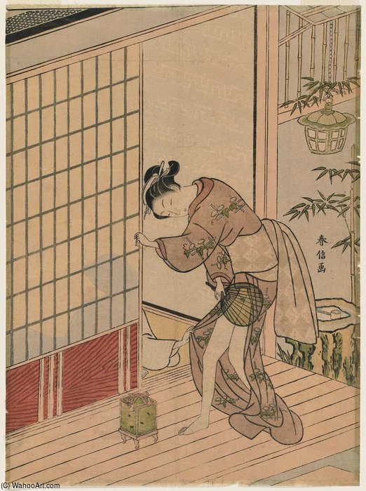 Man Behind A Sliding Door Pulling The Kimono Of A Woman On The Veranda — Suzuki Harunobu