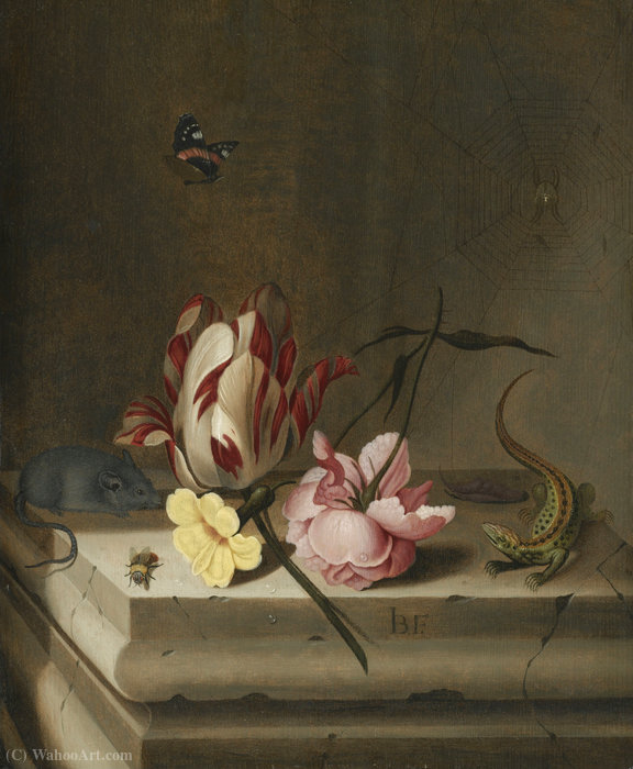 Still Life With A Parrot Tulip, A Pink Rose, A Mouse — Jan Baptist Van Fornenburgh