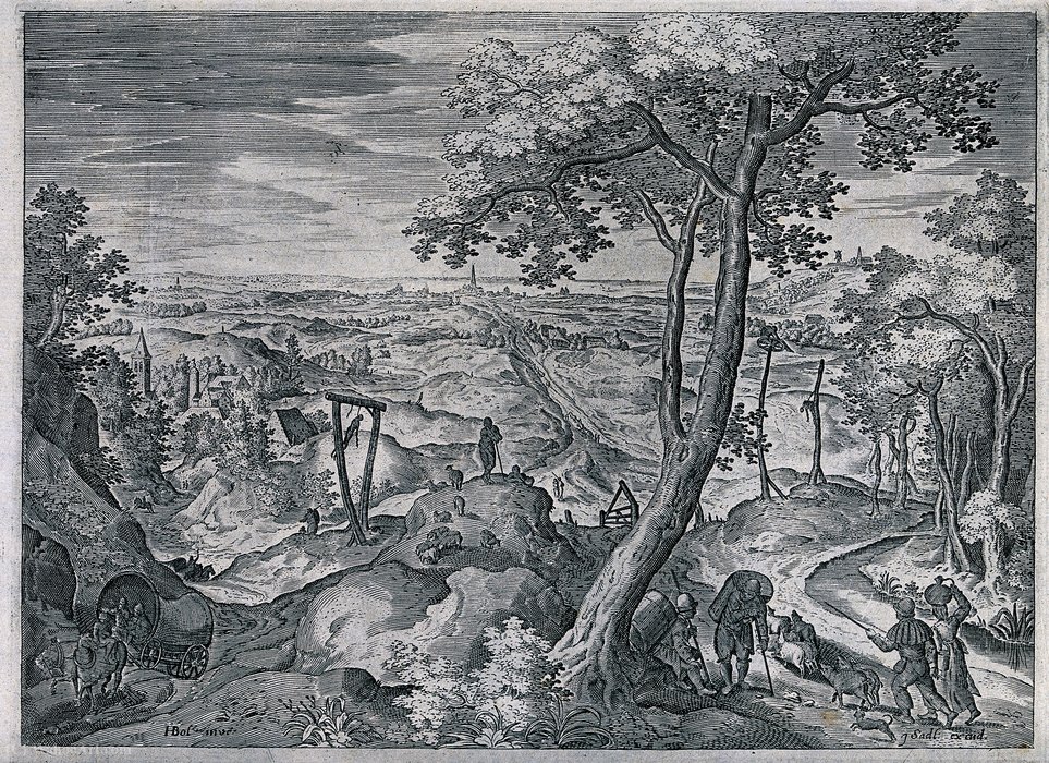 A Bucolic Scene With Hanging Trees And Racks Outside A Villa — Hans Bol