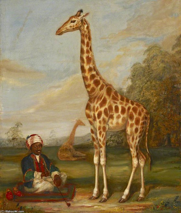 Two Giraffes With A Seated Indian Attendant In A Savannah Landscape — Jacques Laurent Agasse
