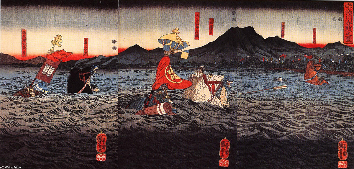 Kagesue, Takatsuna And Shigetada Crossing The Uji River — Utagawa Kuniyoshi