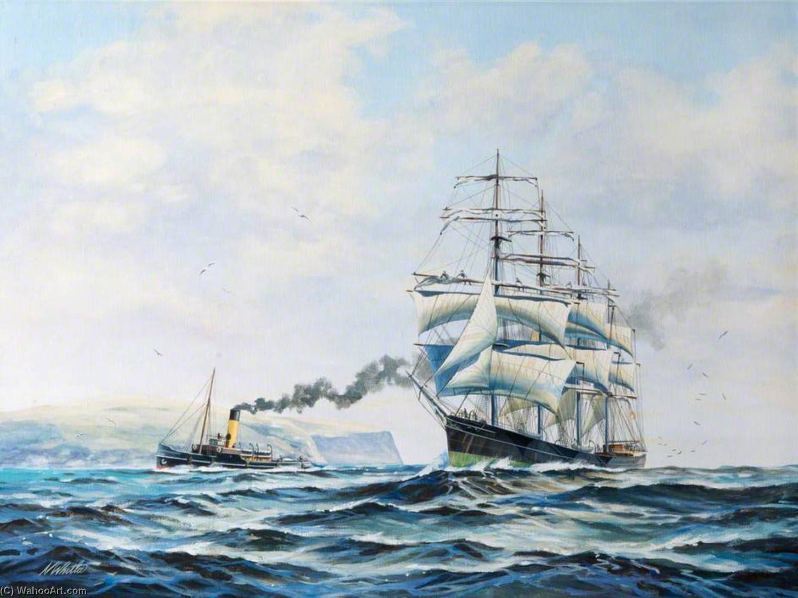 Clipper And Steamboat At Sea — Norman Whitla