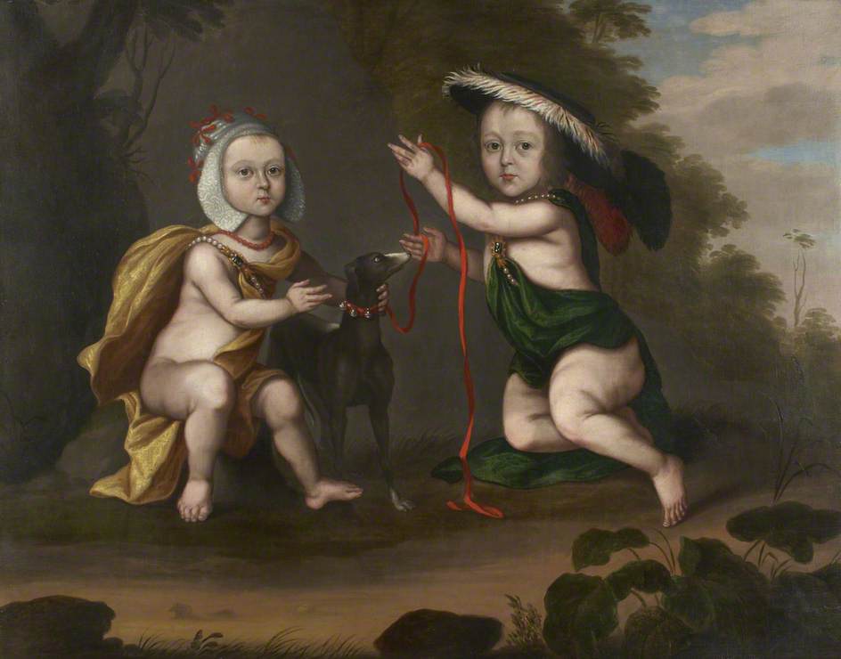 Two Children In Arcadian Costume With A Dog — Charles D' Agar
