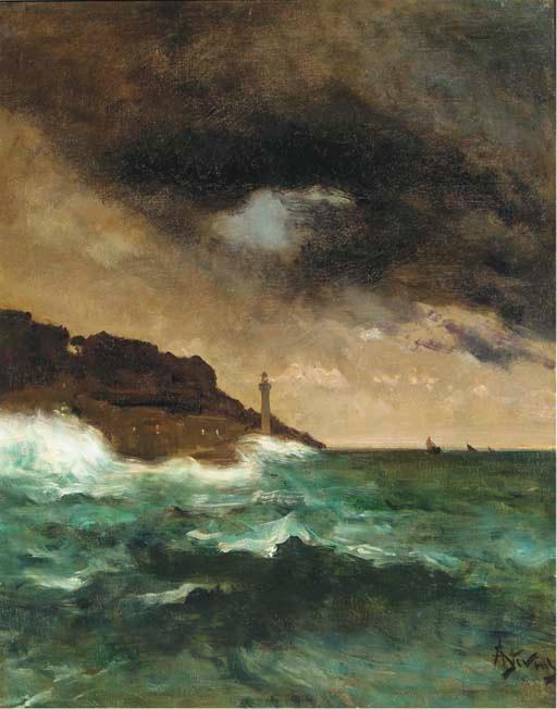 Lighthouse At Dusk — Alfred Émile Léopold Stevens