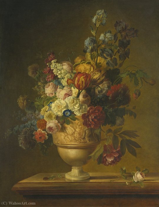 Flowers In A Basket On A Marble Ledge — Gerard Van Spaendonck
