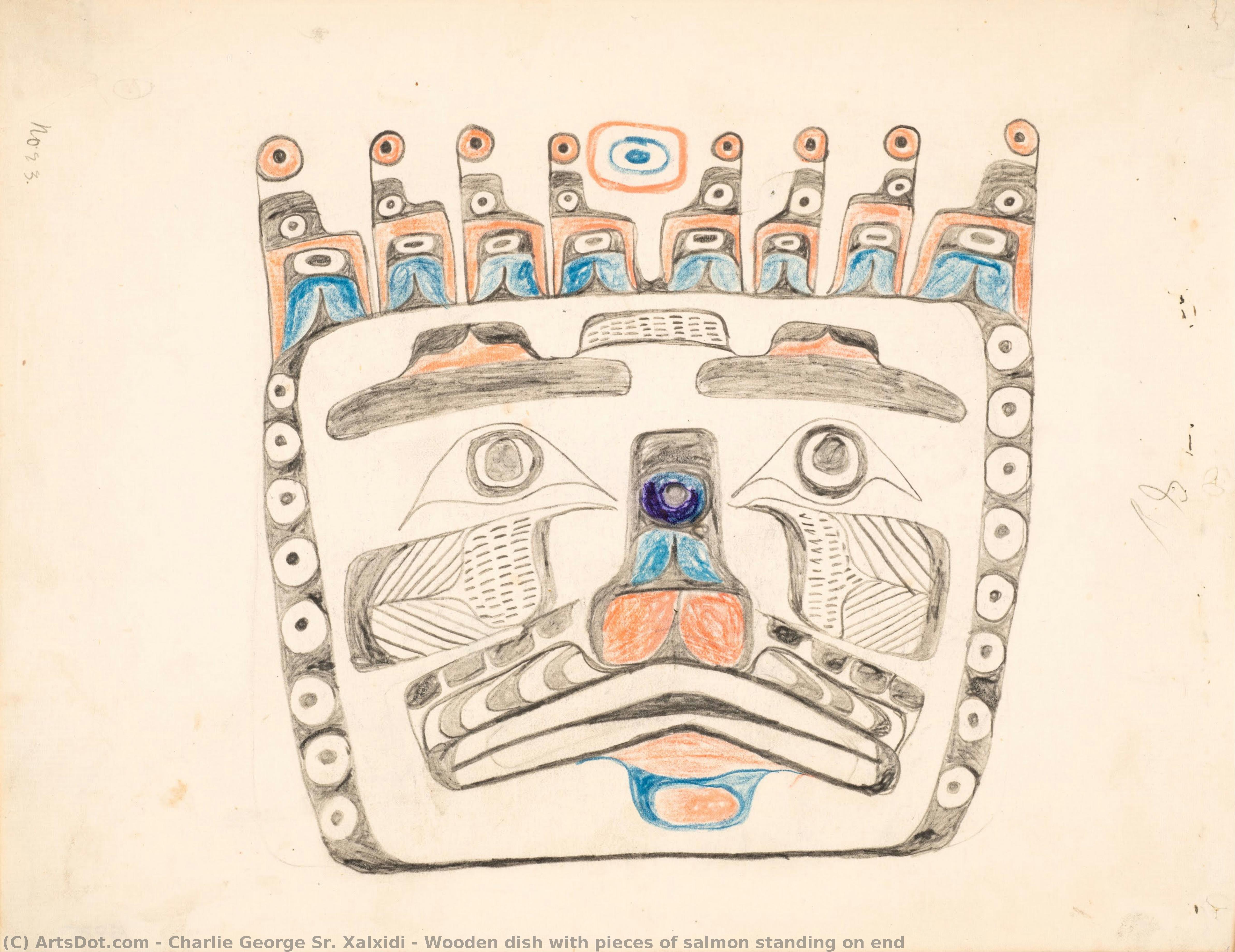 Wooden Dish With Pieces Of Salmon Standing On End — Charlie George Sr. Xalxidi