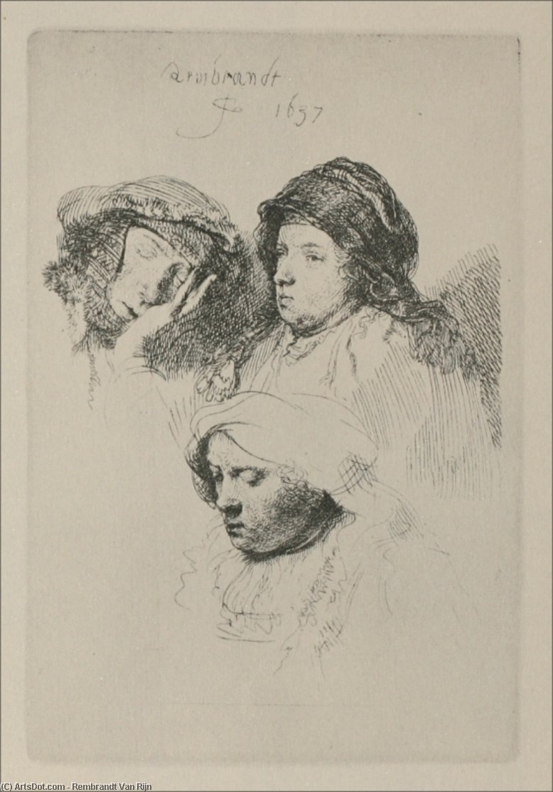 Tres Cabezas De Mujeres, Una Durmiendo — Rembrandt Van Rijn