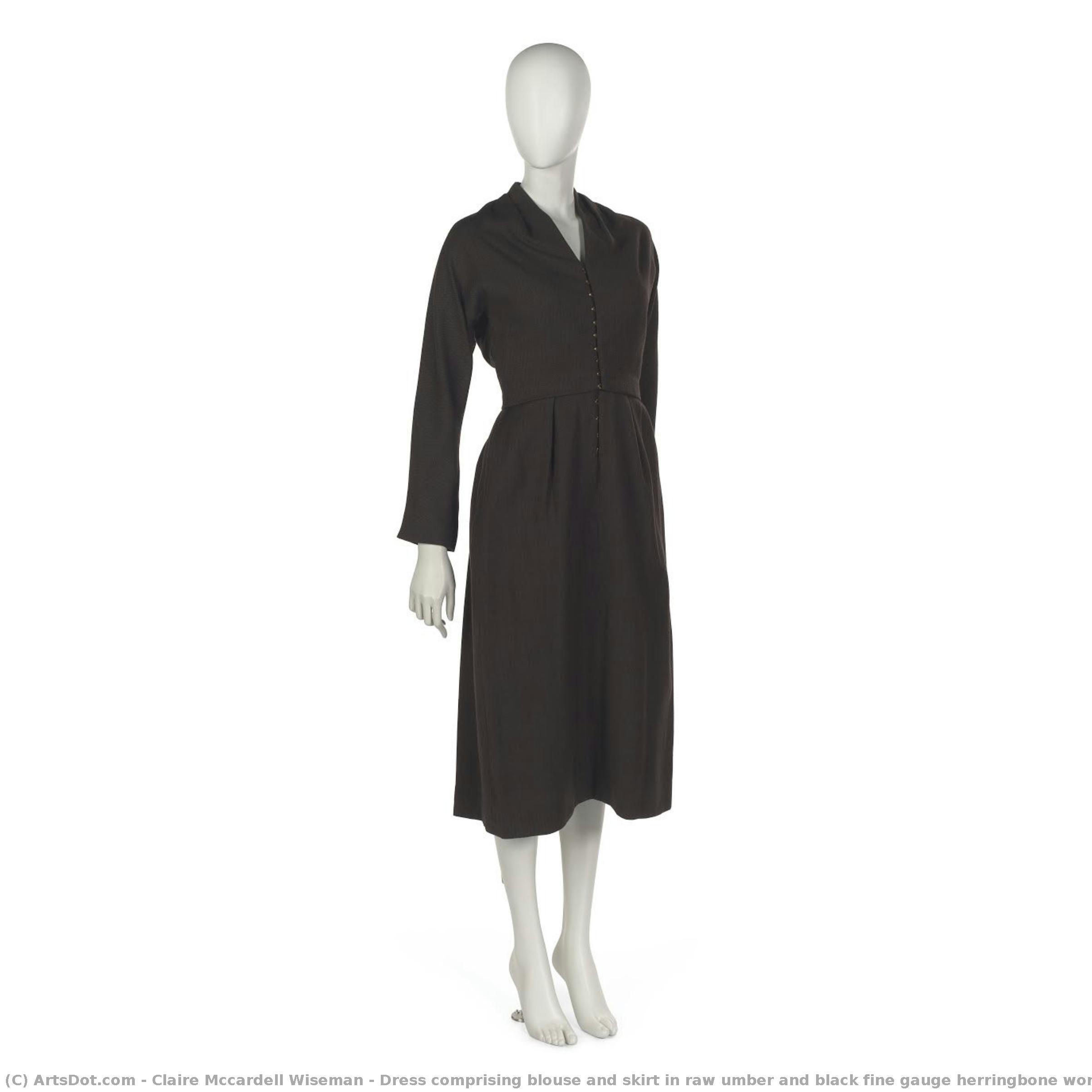 Dress Comprising Blouse And Skirt In Raw Umber And Black Fine Gauge Herringbone Worsted Wool — Claire Mccardell Wiseman