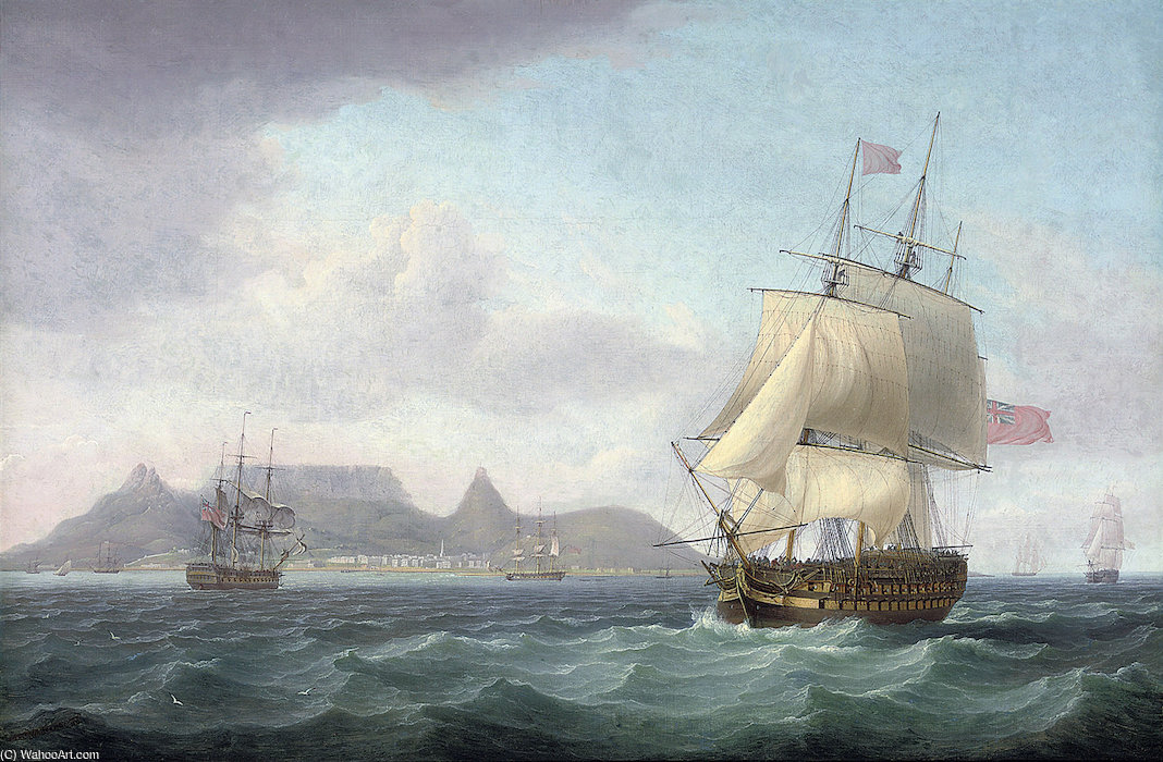 View Of Cape Town, Table Bay, Cape Of Good Hope, With A Seventy-four Gun Ship Lying-to For Convoy — Thomas Whitcombe