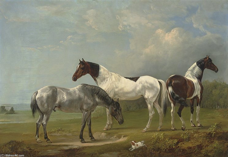 Two Skewbalds, A Grey And Spaniel In An Extensive Landscape, A Country House Beyond — Edmund Bristow