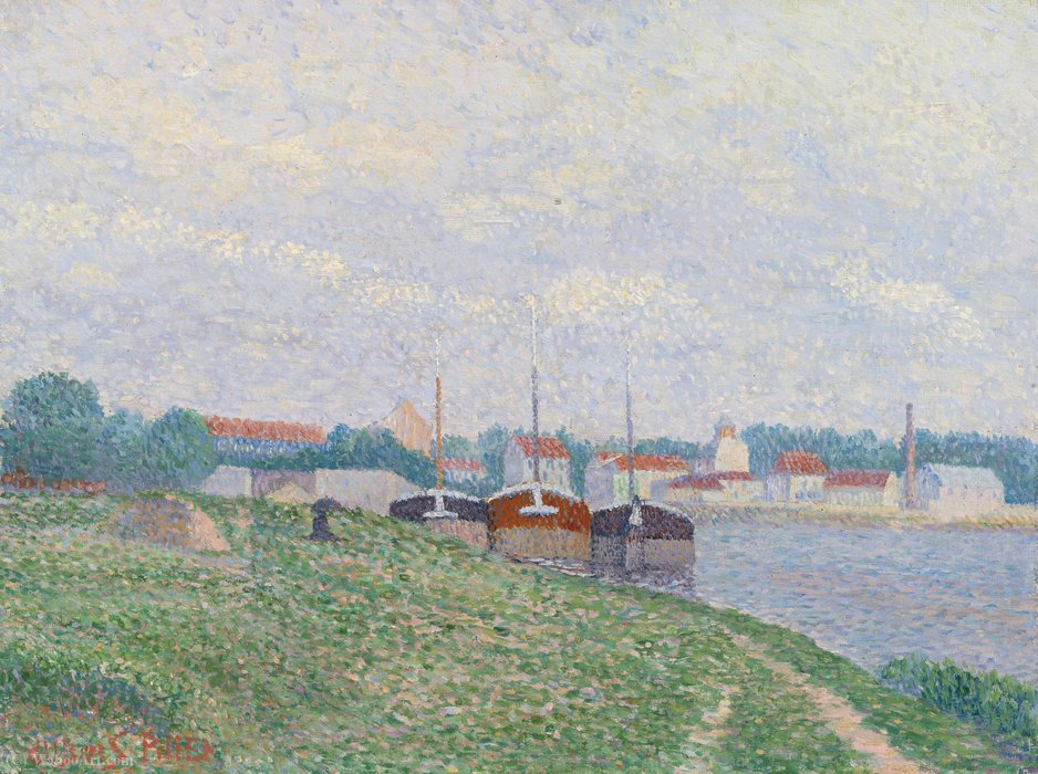 Three Barges Amarées The Outskirts Of Town Industrial — Albert Dubois Pillet