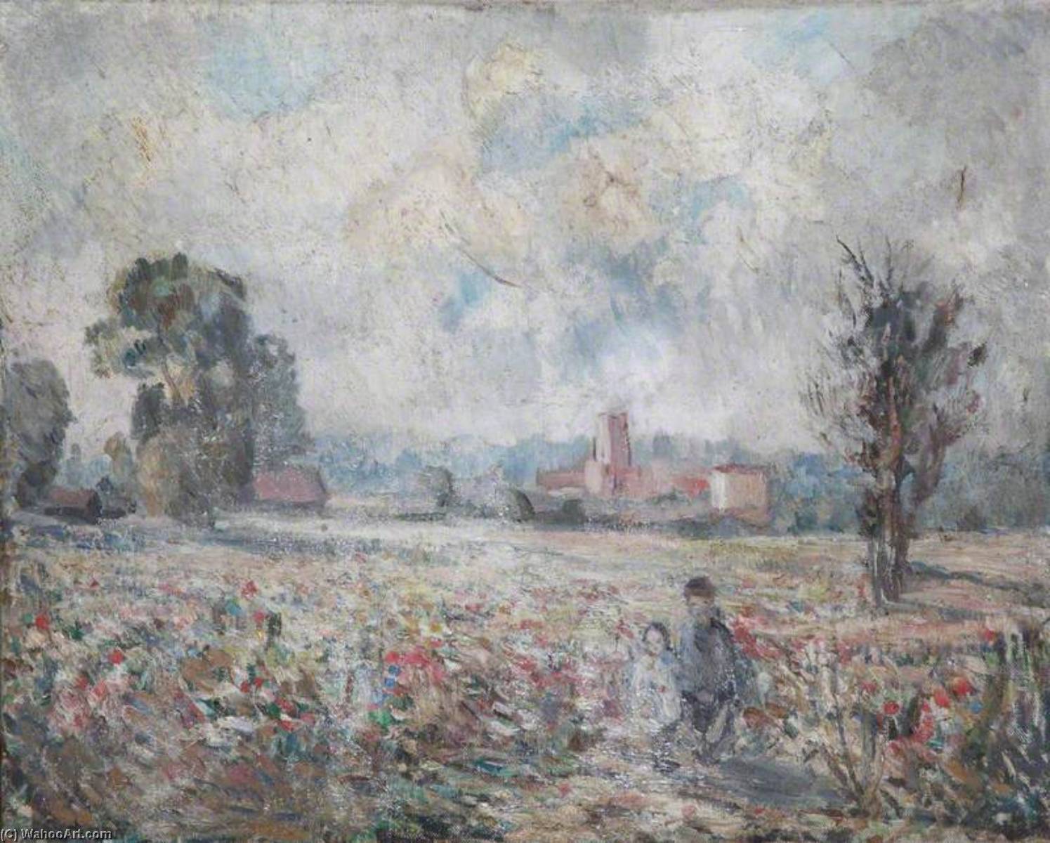 Two Children In A Field Of Flowers, With A Village In The Distance — Evelyn Alice Clutton Brock