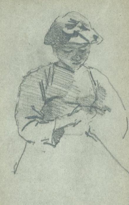 Study Of A Seated Girl Wearing A Hat, Looking Down — Sir George Clausen