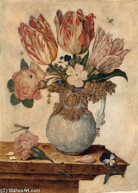 Tulips, Forget-me-nots, Peonies And Other Flowers In A Vase On A Ledge — Jan Baptist Van Fornenburgh