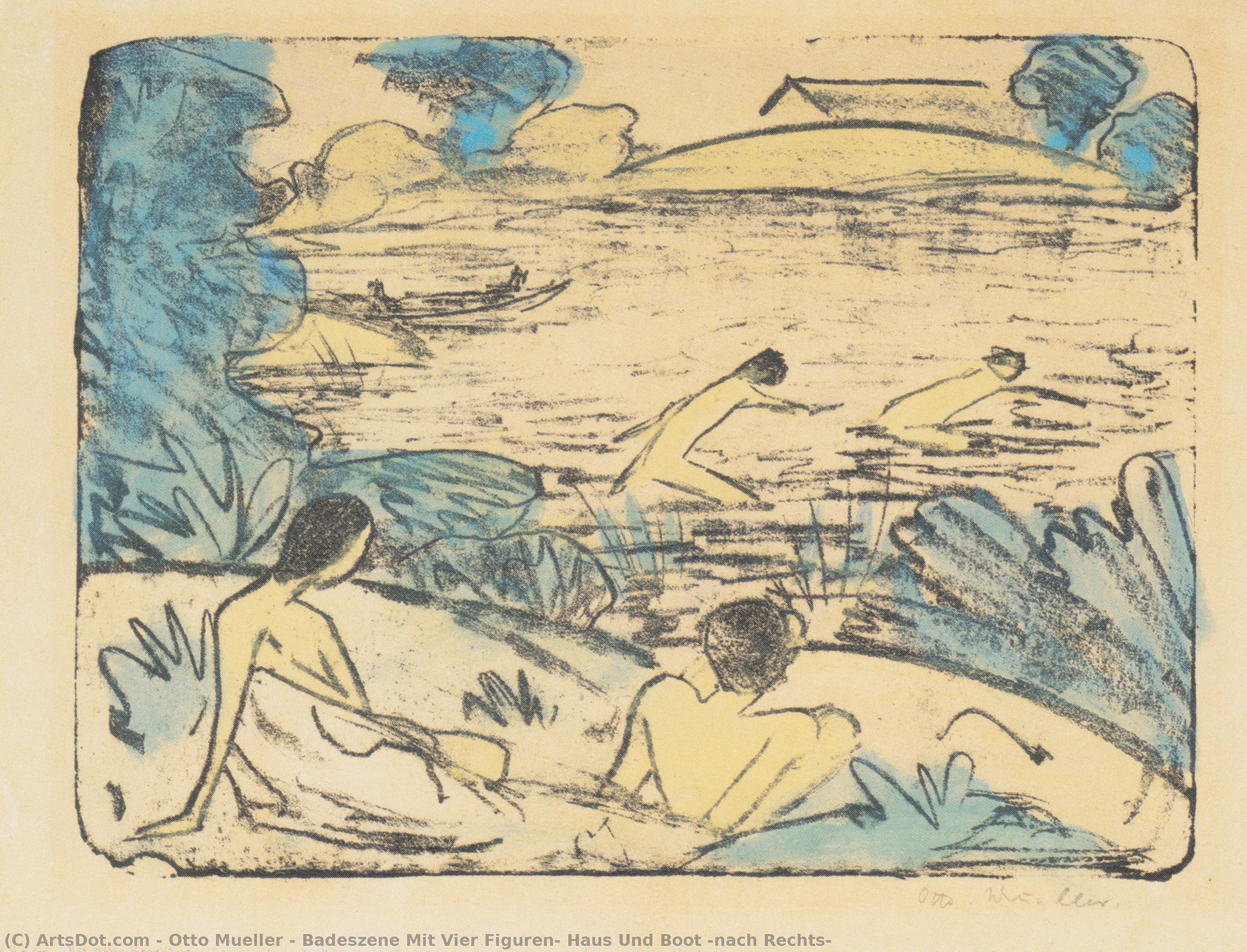 Badeszene Mit Vier Figuren, Haus Und Boot (nach Rechts) — Otto Mueller