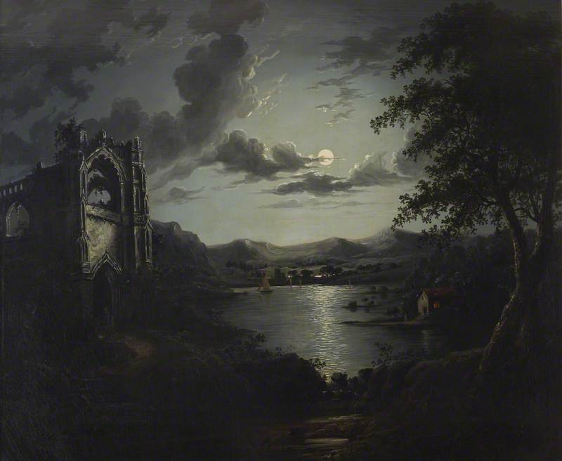 Moonlit Lake, With A Ruined Abbey And A Cottage With An Illuminated Window — William Pether