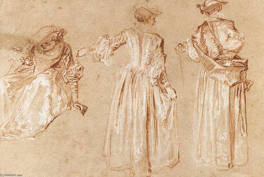 Three Studies Of A Lady With A Hat — Jean-antoine Watteau