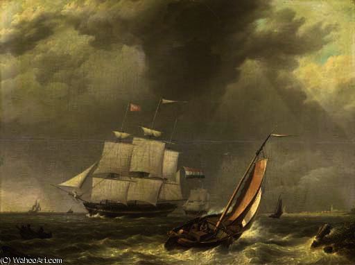 A Frigat Under Sail By A Coast — Johannes Hermanus Koekkoek